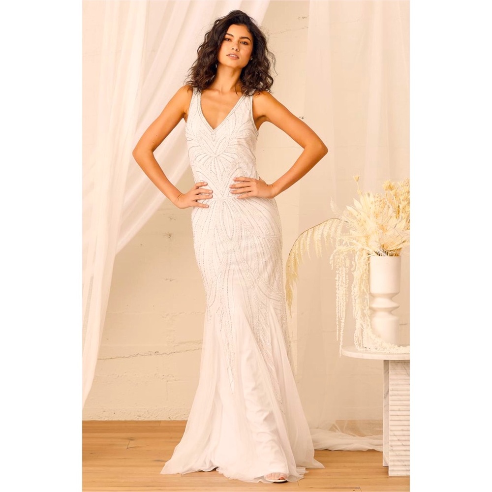 Lulu’s White Beaded Mermaid Wedding Dress